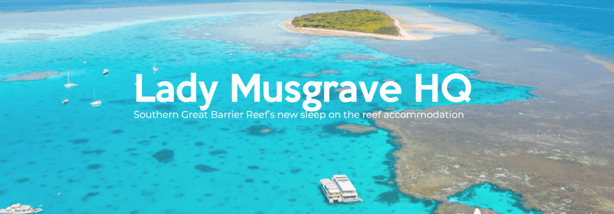 Aerial view of Lady Musgrave Island surrounded by turquoise waters and coral reefs. Several boats are anchored near the island. Text reads "Lady Musgrave HQ - Southern Great Barrier Reef's new sleep on the reef accommodation." The Lady Musgrave Experience logo is displayed. A top highlight among Things To Do Bundaberg.